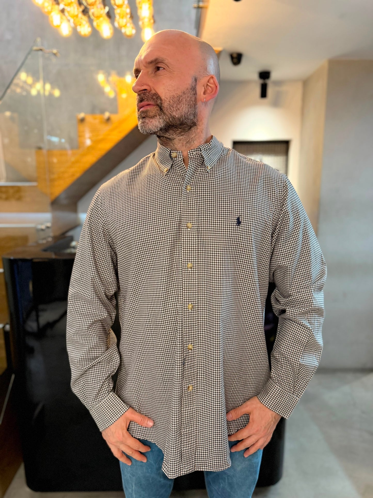 Camisa Polo R.L hombre Algodón Cuadros Cafes Con Blanco Caballo Azul