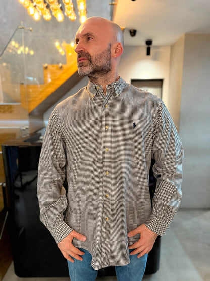 Camisa Polo R.L hombre Algodón Cuadros Cafes Con Blanco Caballo Azul