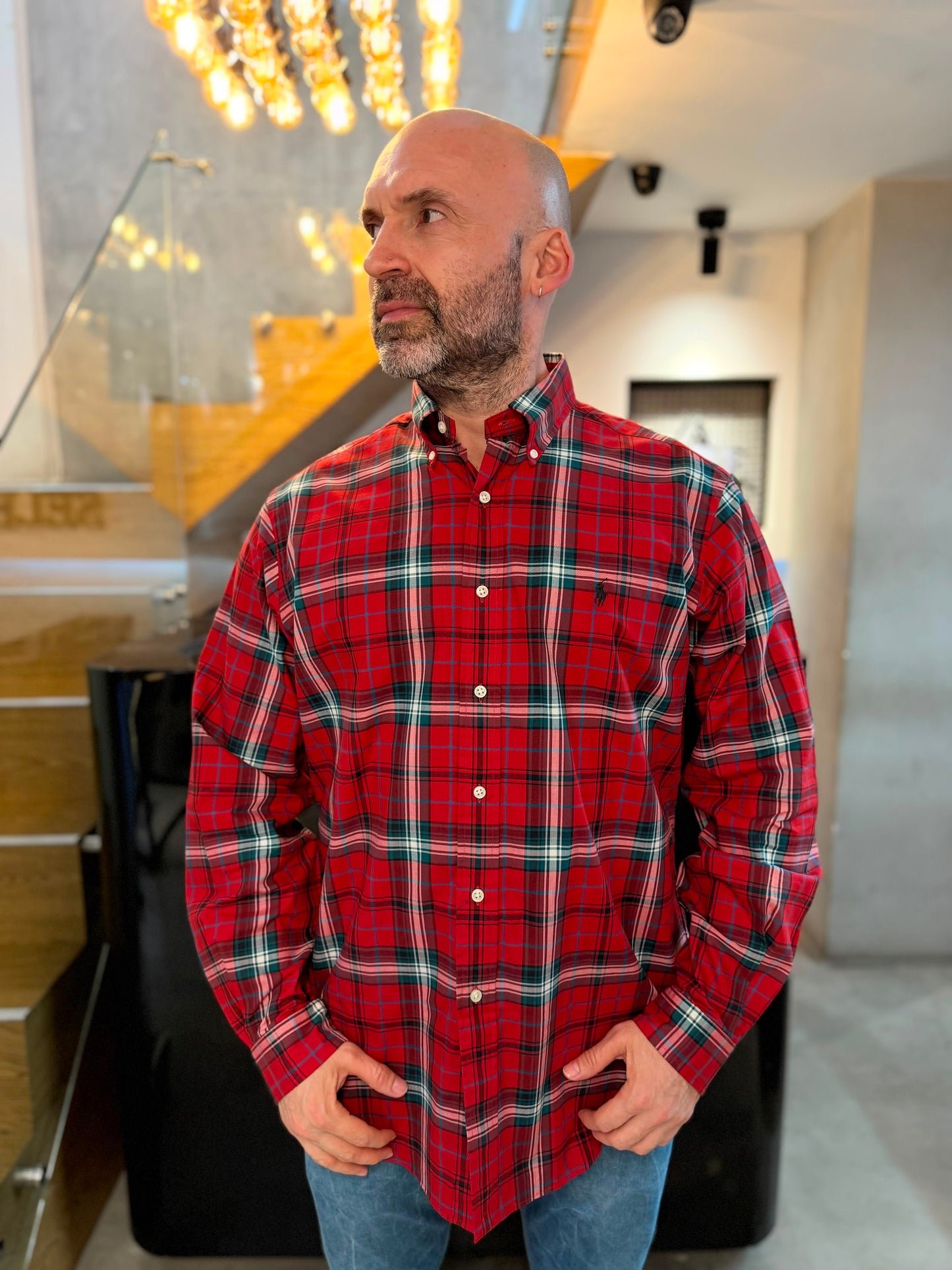 Camisa Polo R.L hombre Algodón Cuadros Rojos Caballo Negro
