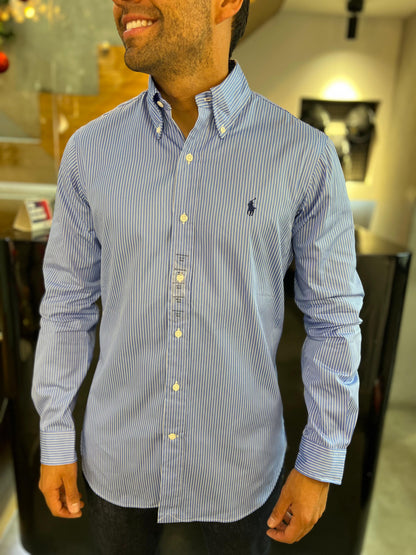 Camisa Polo R.L hombre Algodón Rayas Azules Caballo Azul