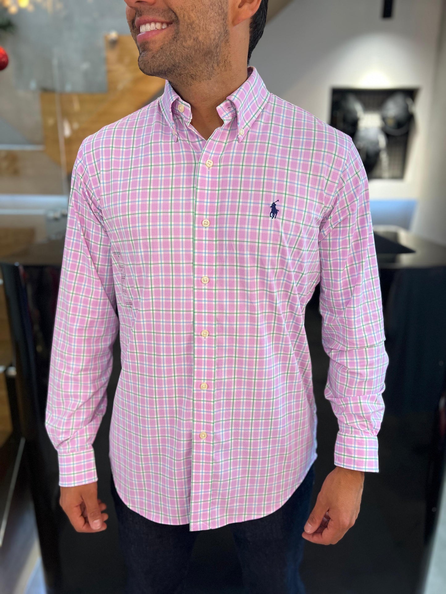 Camisa Polo R.L hombre Algodón Performance Cuadros Caballo Azul