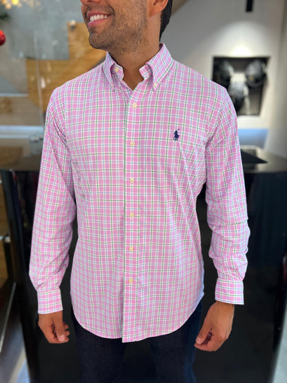 Camisa Polo R.L hombre Algodón Performance Cuadros Caballo Azul