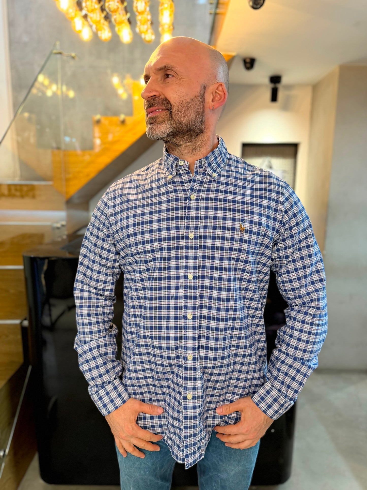 Camisa Polo R.L hombre Oxford Cuadros Azules Oscuros Caballo Multicolor