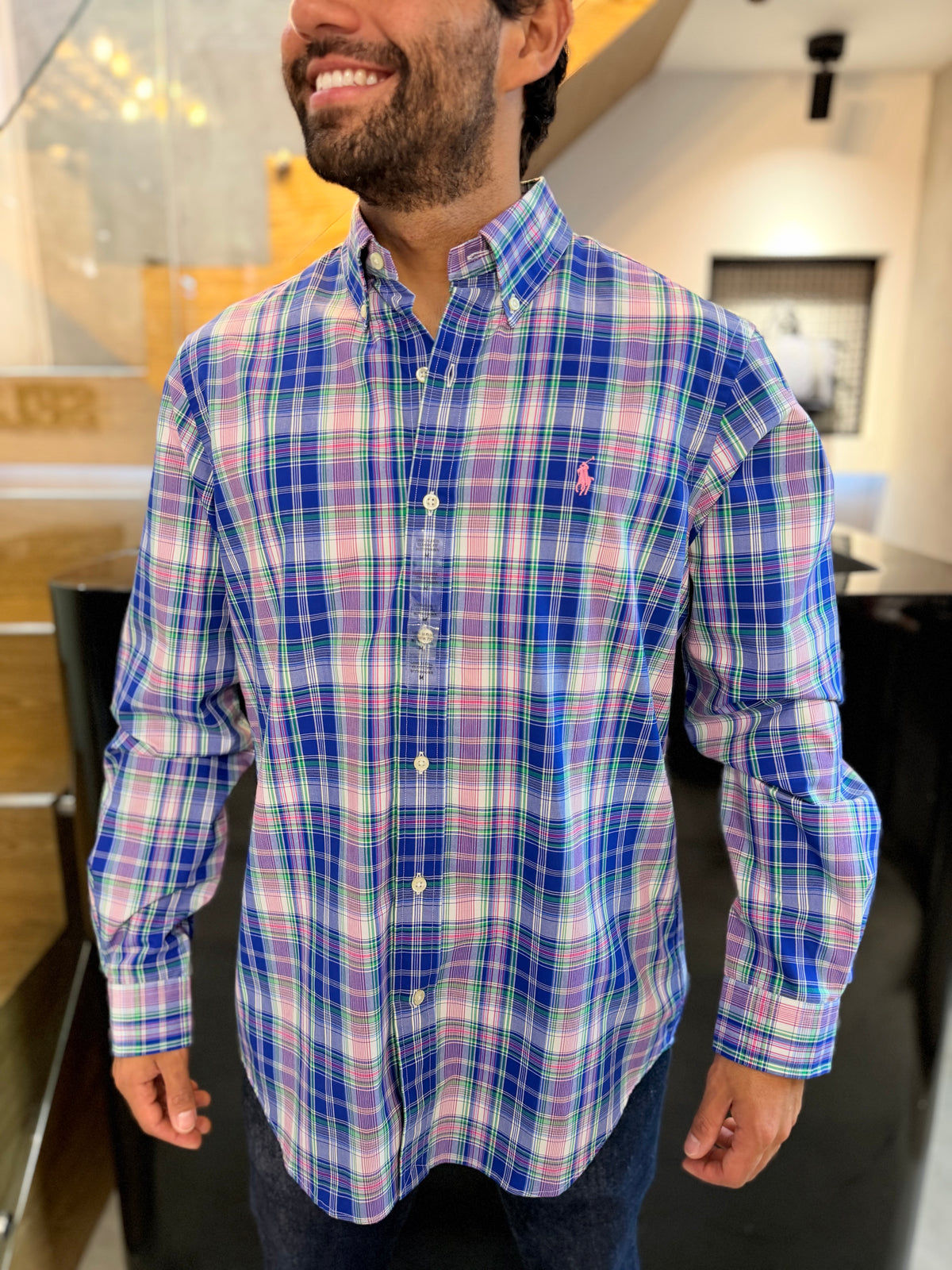 Camisa Polo R.L hombre Algodón Cuadros Azules Caballo Rosa