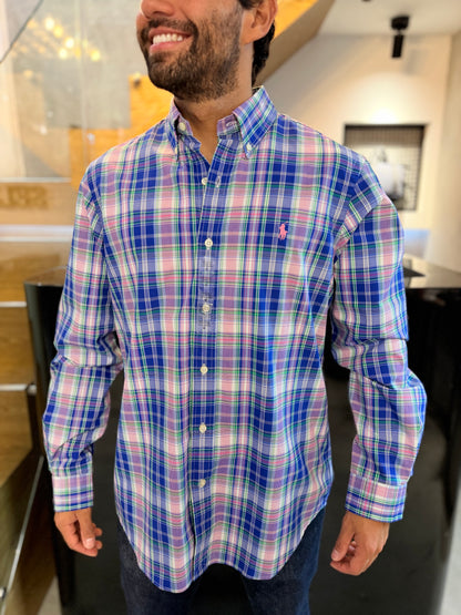 Camisa Polo R.L hombre Algodón Cuadros Azules Caballo Rosa