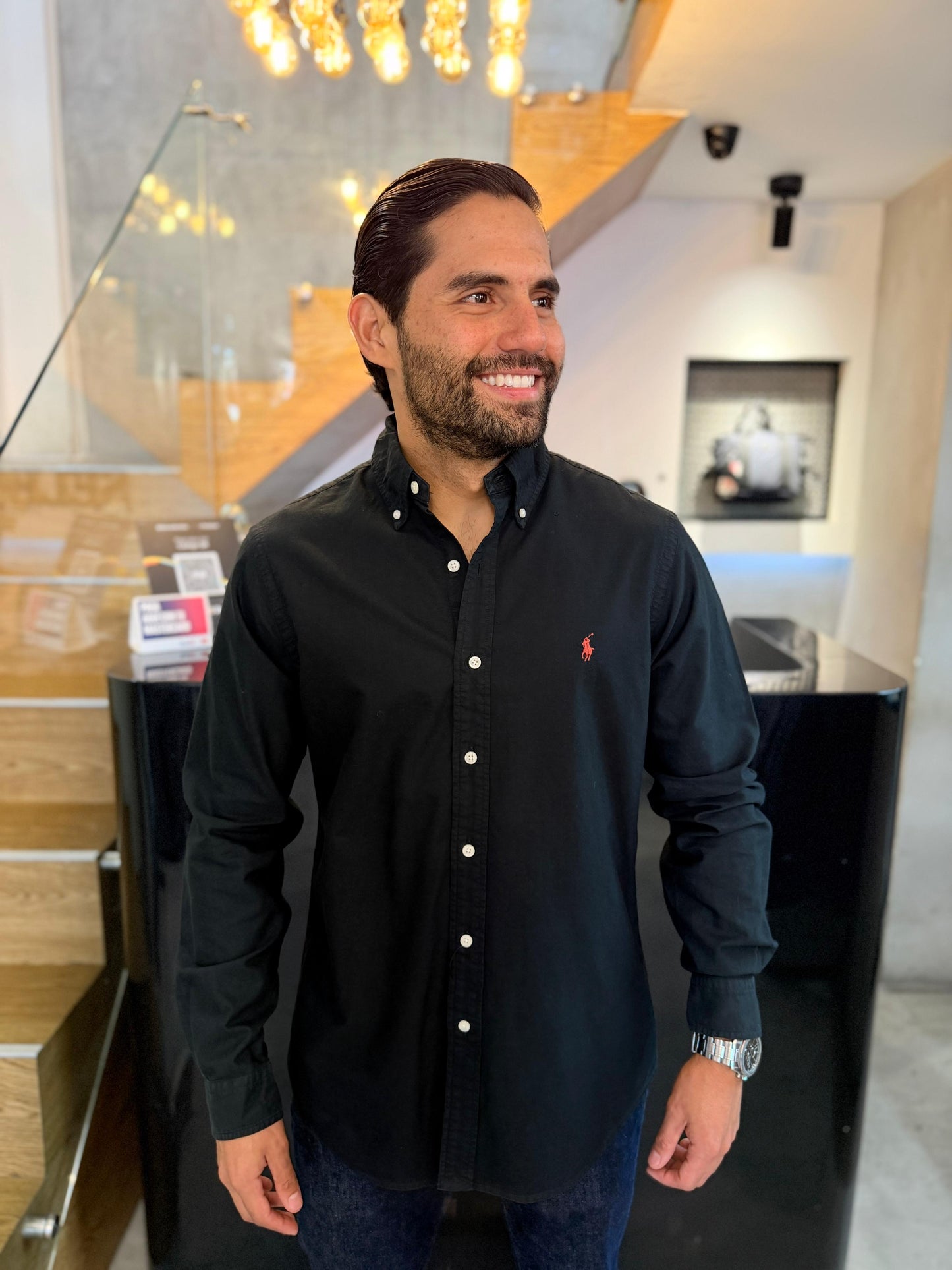 Camisa Polo R.L hombre Oxford Negra Caballo Rojo