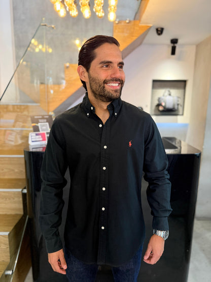 Camisa Polo R.L hombre Oxford Negra Caballo Rojo