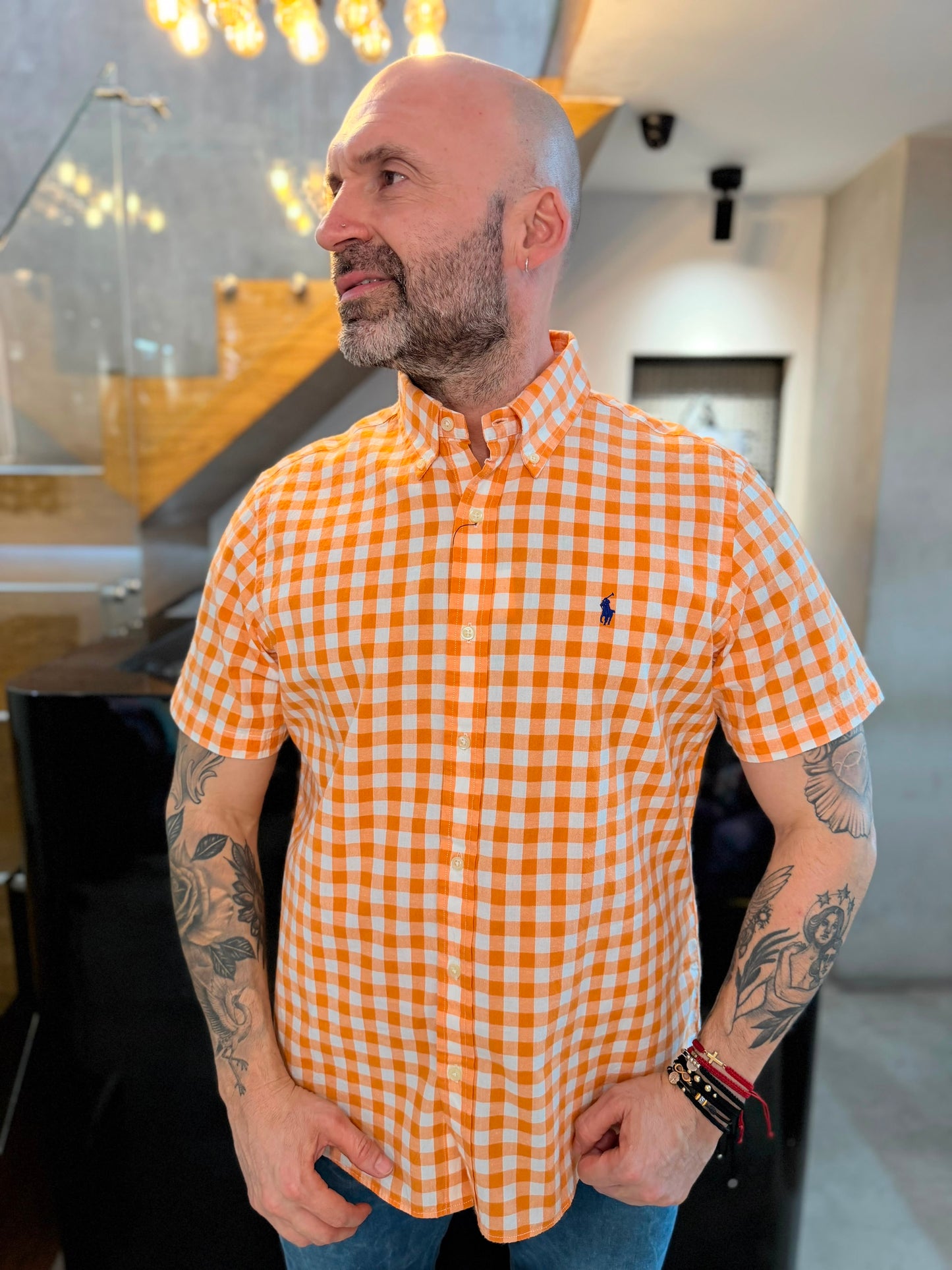 Camisa Polo R.L hombre Algodón Manga Corta Cuadros Naranjas Con Blanco Caballo Azul