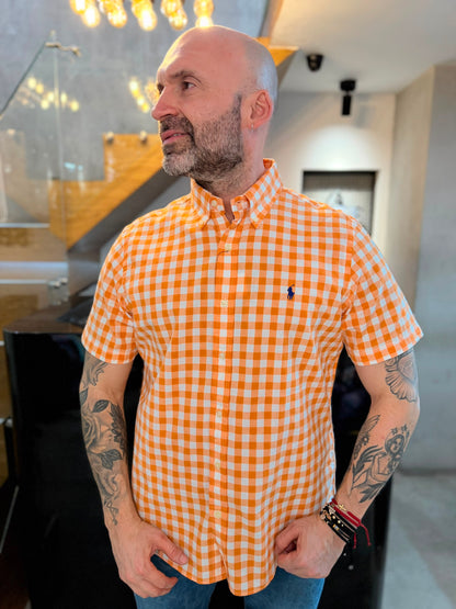 Camisa Polo R.L hombre Algodón Manga Corta Cuadros Naranjas Con Blanco Caballo Azul