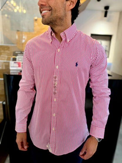 Camisa Polo R.L hombre Algodón Rayas Rosadas Con Blanco Caballo Azul