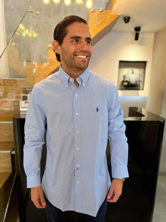Camisa Polo R.L hombre Algodón Cuadros Celestes Caballo Azul