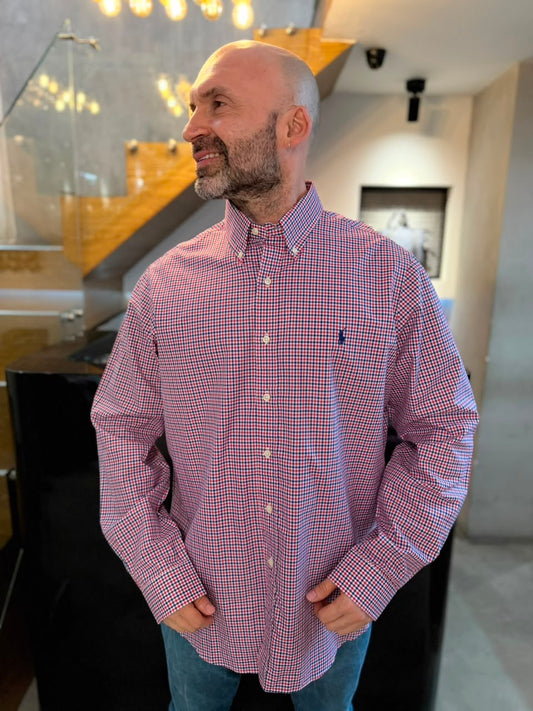 Camisa Polo R.L hombre Algodón Cuadros Rojos Con Azul Caballo Azul