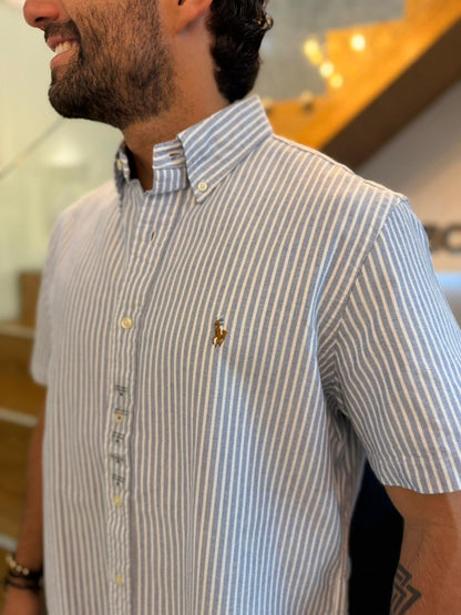 Camisa Polo R.L hombre Manga Corta Oxford Rayas Azules Caballo Multicolor