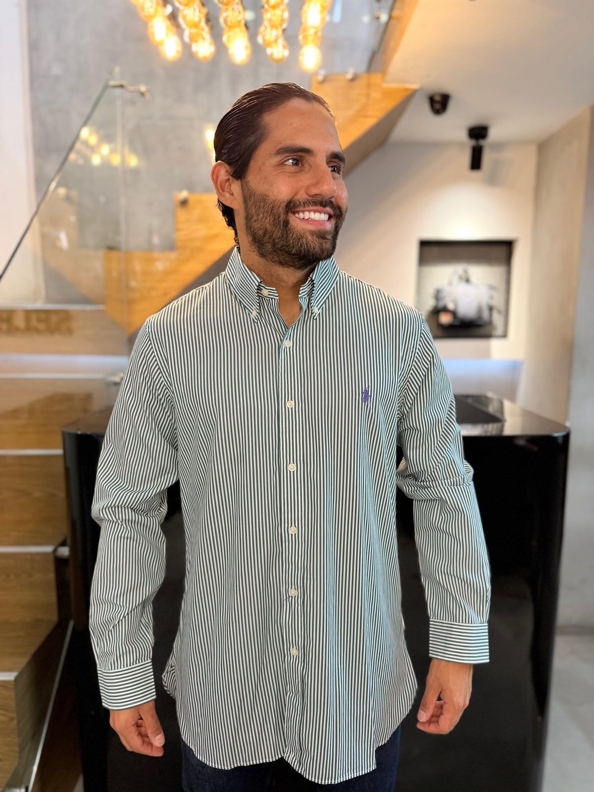Camisa Polo R.L hombre Algodón Rayas Verdes Con Blanco Caballo Lila
