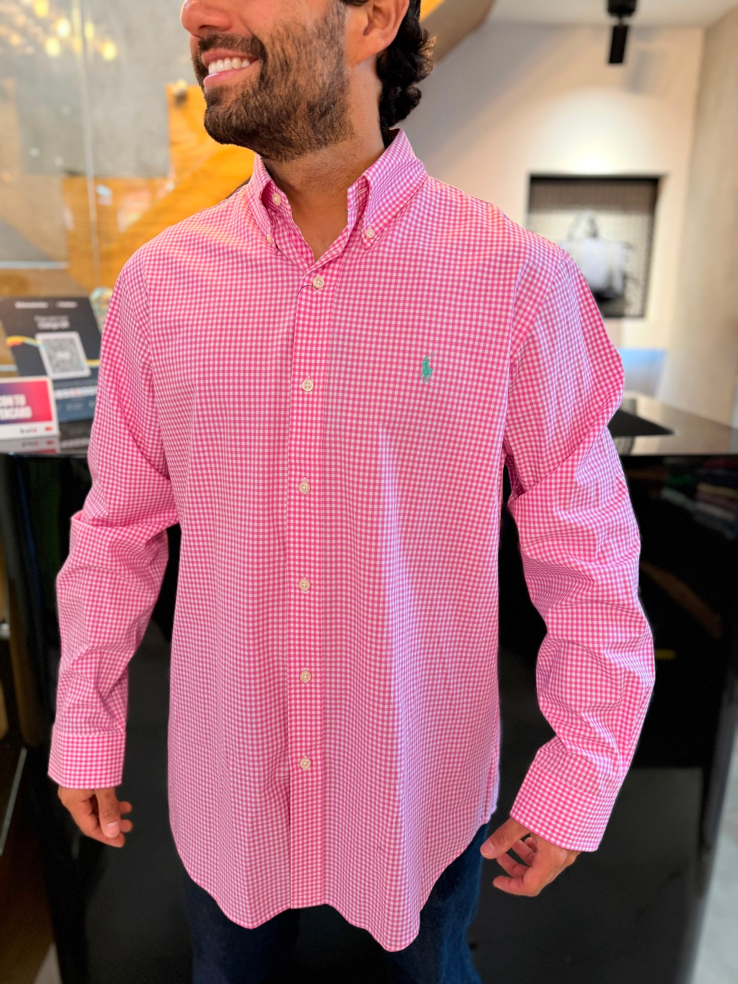 Camisa Polo R.L hombre Algodón Cuadros Rosados Con Blanco Caballo Verde Menta