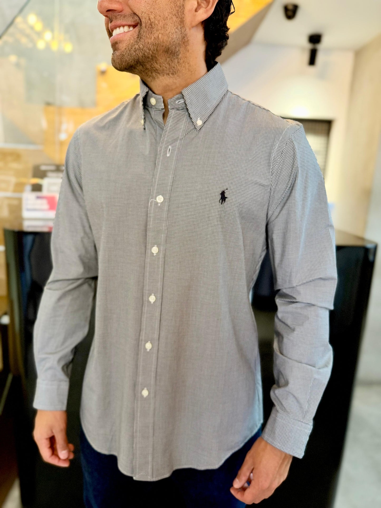 Camisa Polo R.L hombre Algodón Cuadros Negros Con Blanco Caballo Negro