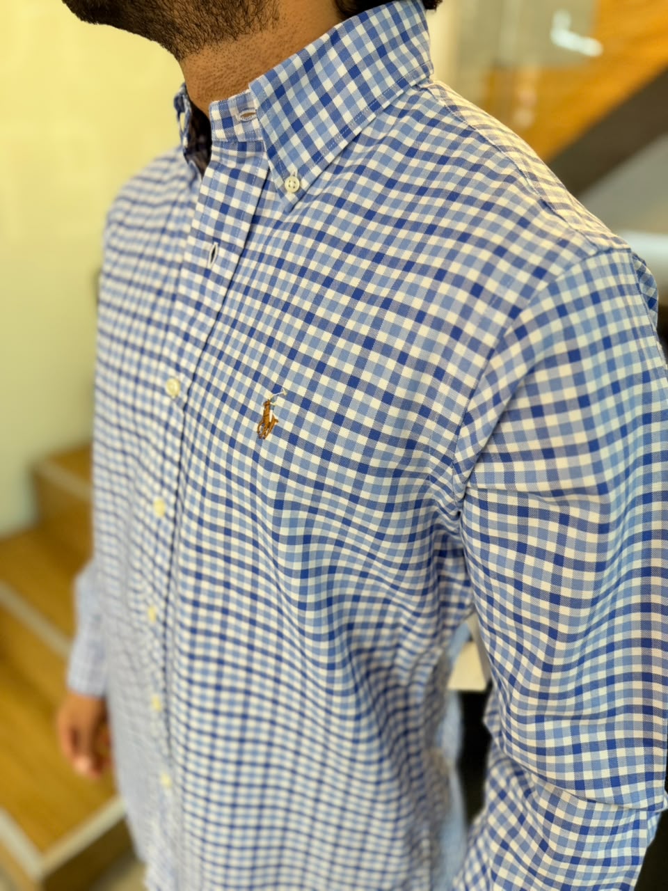 Camisa Polo R.L hombre Oxford Cuadros Azules con Blanco Caballo Multicolor