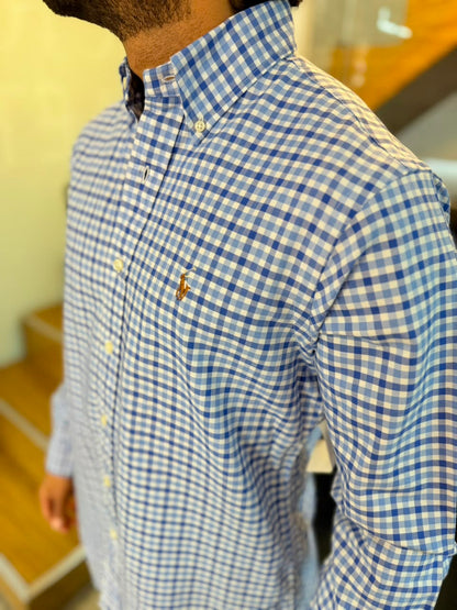 Camisa Polo R.L hombre Oxford Cuadros Azules con Blanco Caballo Multicolor
