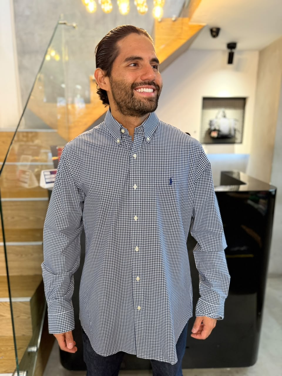 Camisa Polo R.L hombre Algodón Cuadros Azules Con Blanco Caballo Azul
