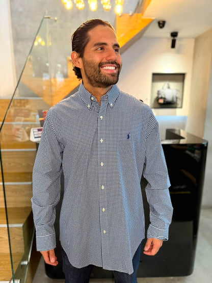 Camisa Polo R.L hombre Algodón Cuadros Azules Con Blanco Caballo Azul