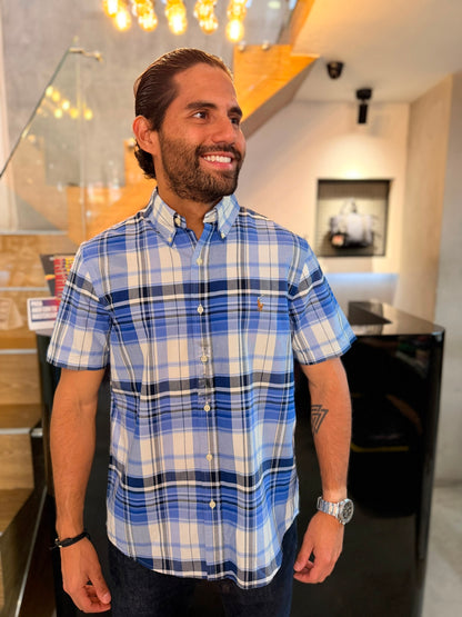 Camisa Polo R.L hombre Oxford Manga Corta Cuadros Azules Caballo Multicolor