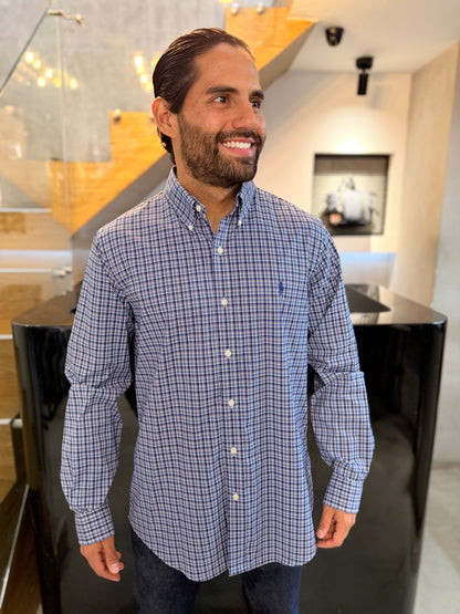 Camisa Polo R.L hombre Performance Cuadros Azules Oscuros Caballo Azul