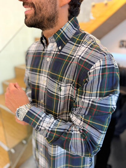 Camisa Polo R.L hombre Oxford Cuadros Verdes Bolsillo Caballo Verde