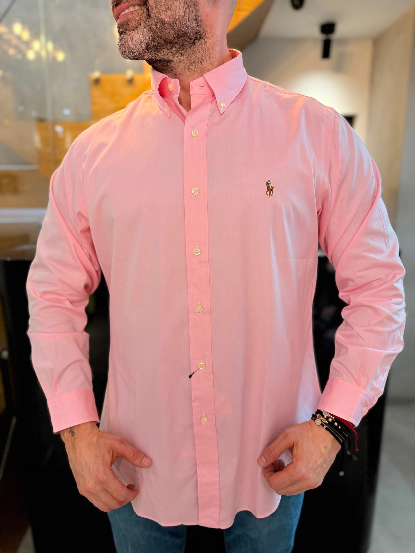 Camisa Polo R.L hombre Algodón Custom Fit Rosada Caballo Multicolor