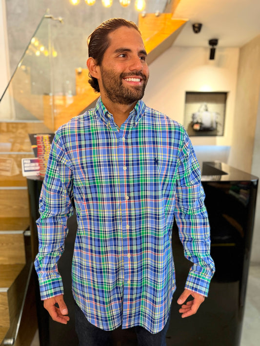Camisa Polo R.L hombre Algodón Performance Cuadros Azules Con Verde Caballo Azul