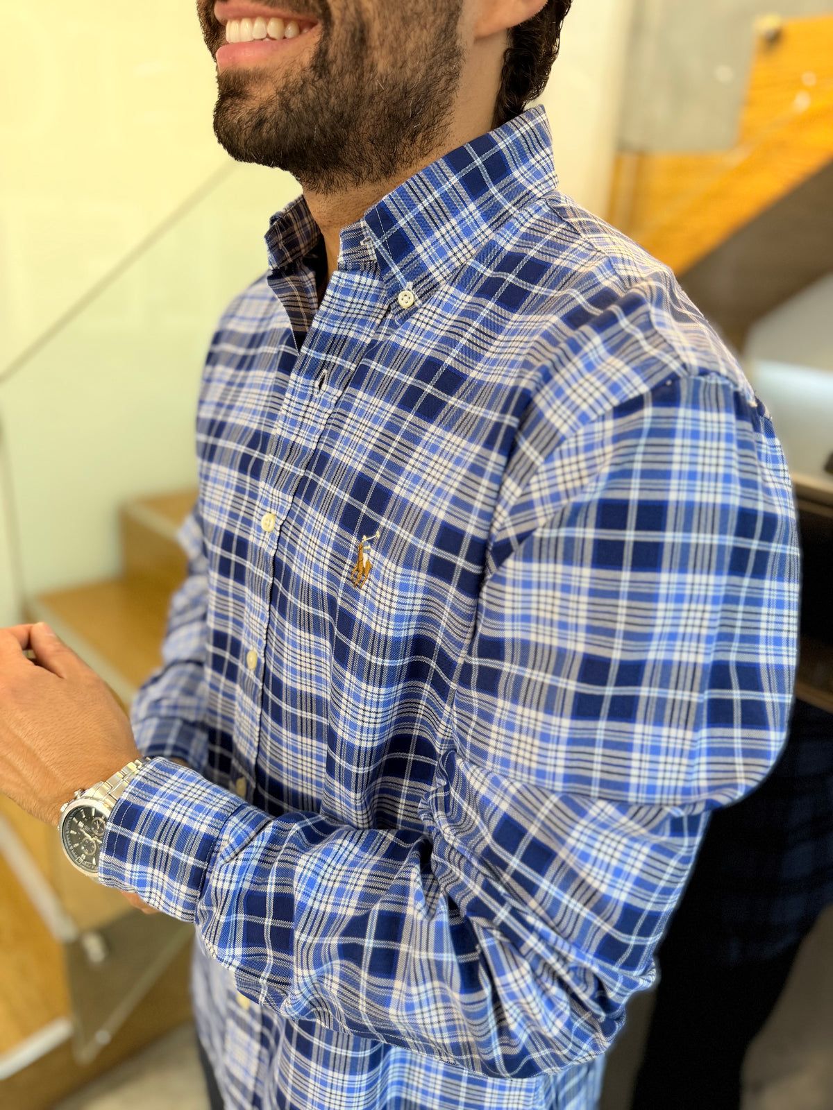 Camisa Polo R.L hombre Oxford Cuadros Azules Con Blanco Caballo Multicolor