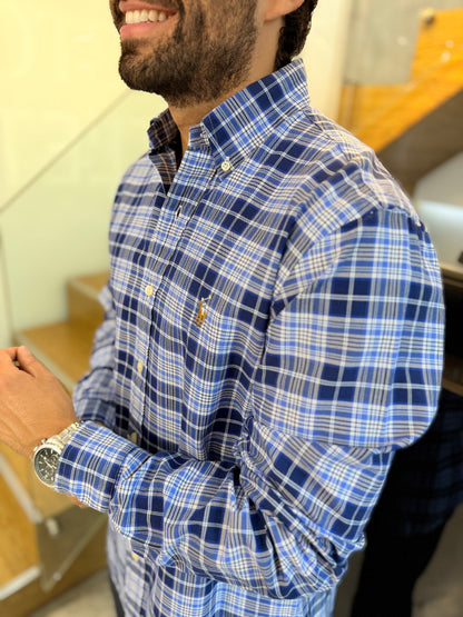 Camisa Polo R.L hombre Oxford Cuadros Azules Con Blanco Caballo Multicolor