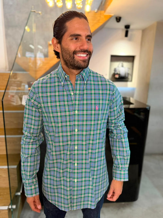 Camisa Polo R.L hombre Algodón Cuadros Verdes Caballo Rosado