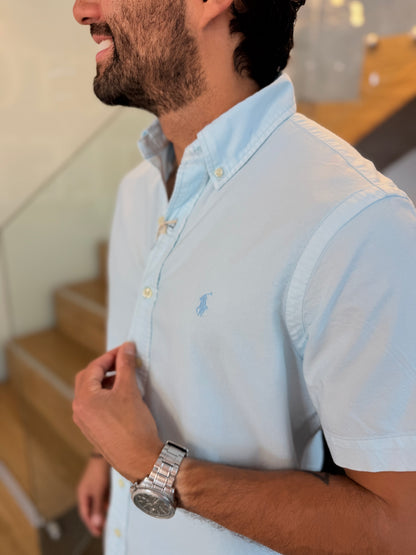 Camisa Polo R.L hombre Oxford Manga Corta Azul Cielo Caballo Celeste
