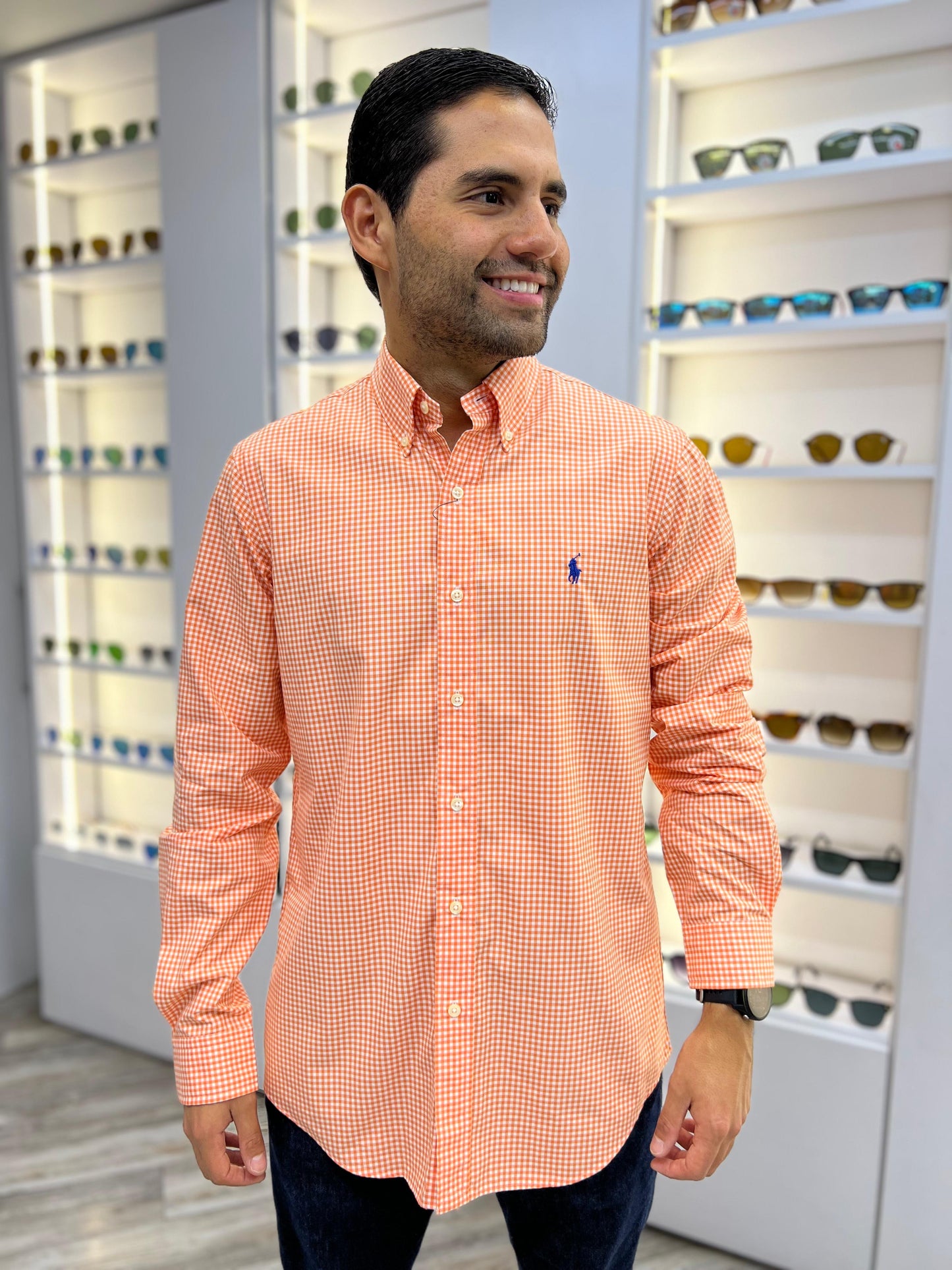 Camisa Polo R.L hombre Cuadros naranjas