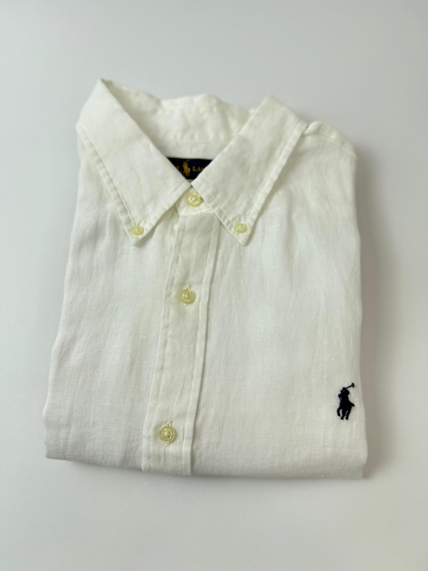Camisa Polo R.L hombre Lino Blanca Caballo Azul