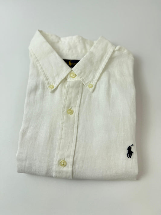 Camisa Polo R.L hombre Lino Blanca Caballo Azul