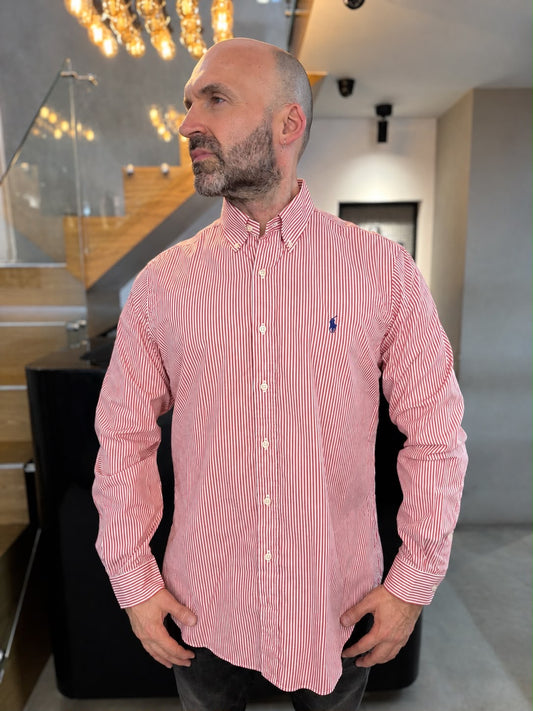 Camisa Polo R.L hombre Algodón Rayas Naranjas Con Blanco Caballo Azul