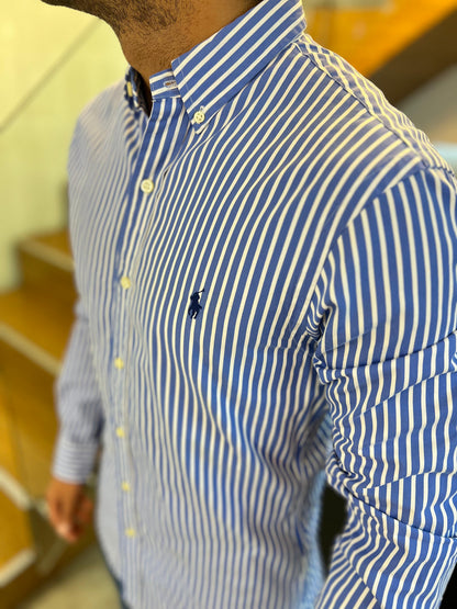 Camisa Polo R.L hombre Algodón Slim Fit Rayas Celestes
