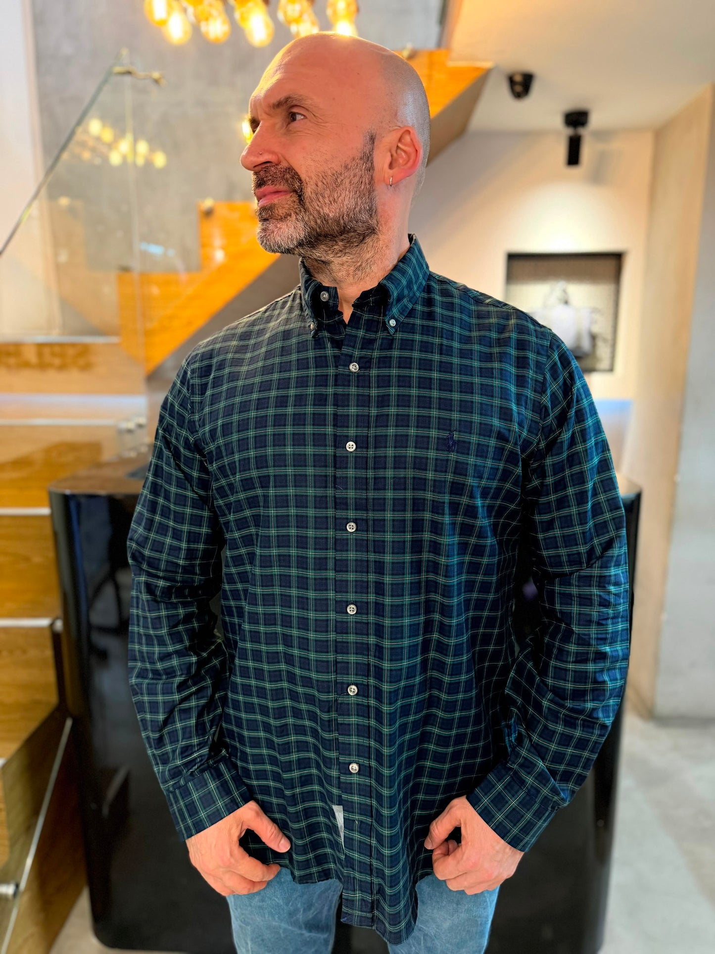 Camisa Polo R.L hombre Algodón Cuadros Azules Con Verde Caballo Azul