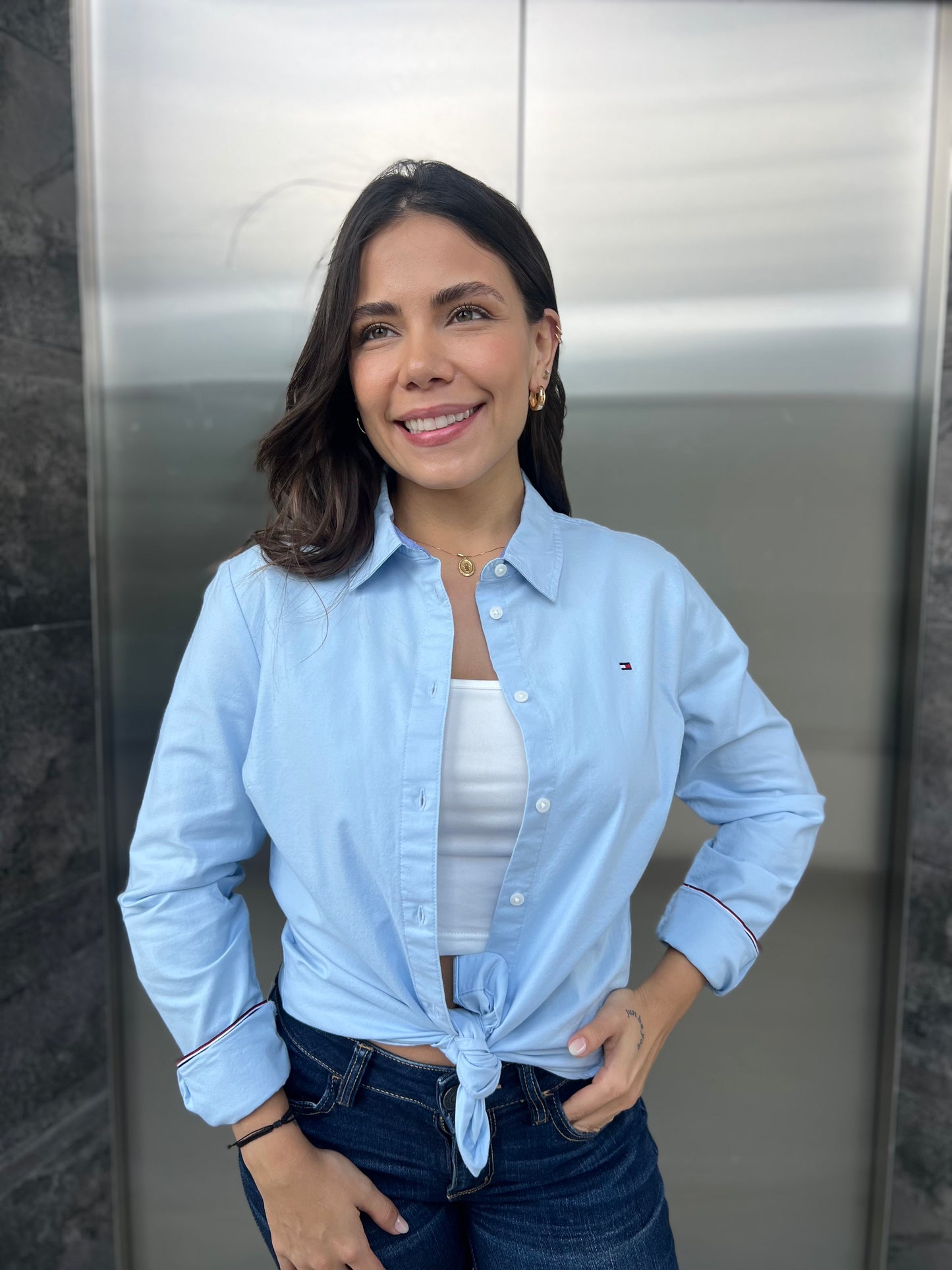 Camisa Tommy Hilfiger Mujer Celeste Oxford