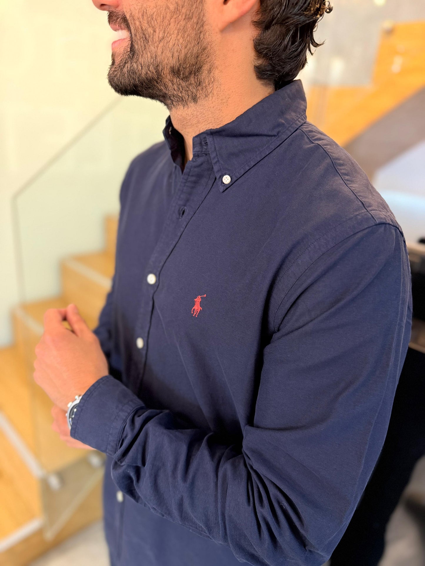Camisa Polo R.L hombre Oxford Azul Oscura Caballo Rojo