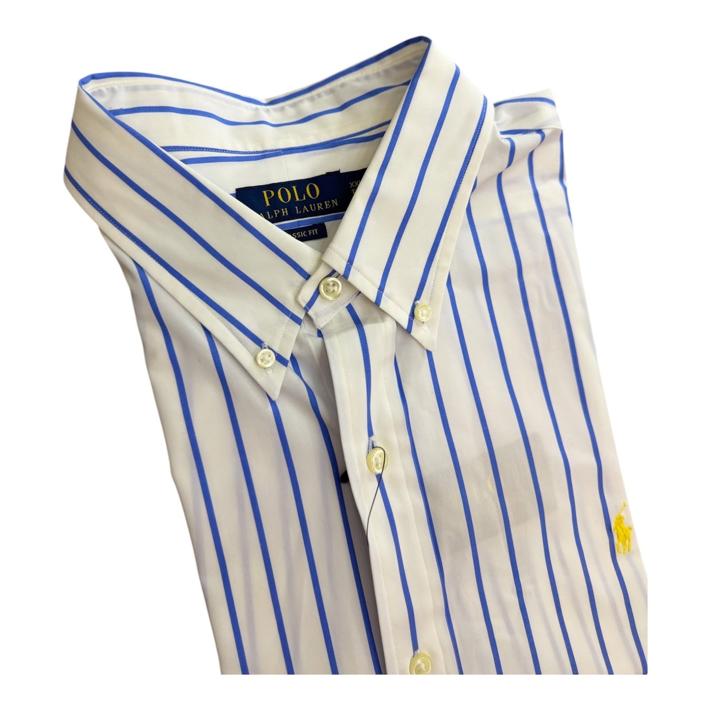 Camisa Polo R.L hombre Algodón Blanca Rayas Azules Caballo Amarillo