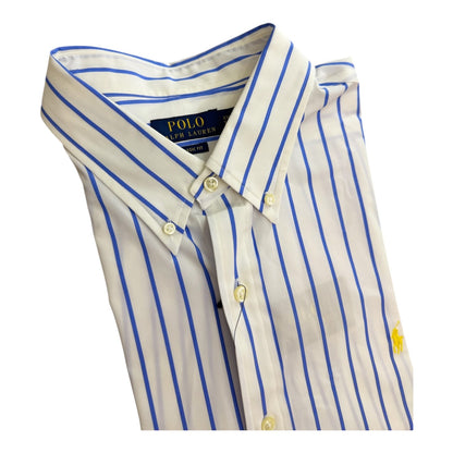 Camisa Polo R.L hombre Algodón Blanca Rayas Azules Caballo Amarillo