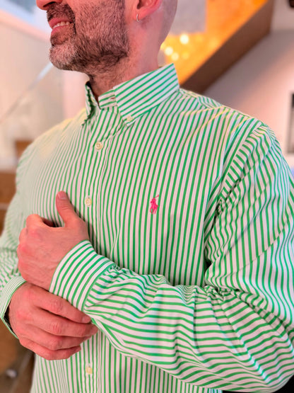 Camisa Polo R.L hombre Algodón Custom Fit Rayas Verdes Con Blanco Caballo Fucsia