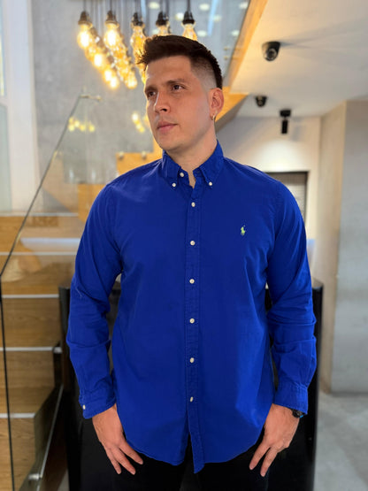 Camisa Polo R.L hombre Oxford Azul Caballo Verde