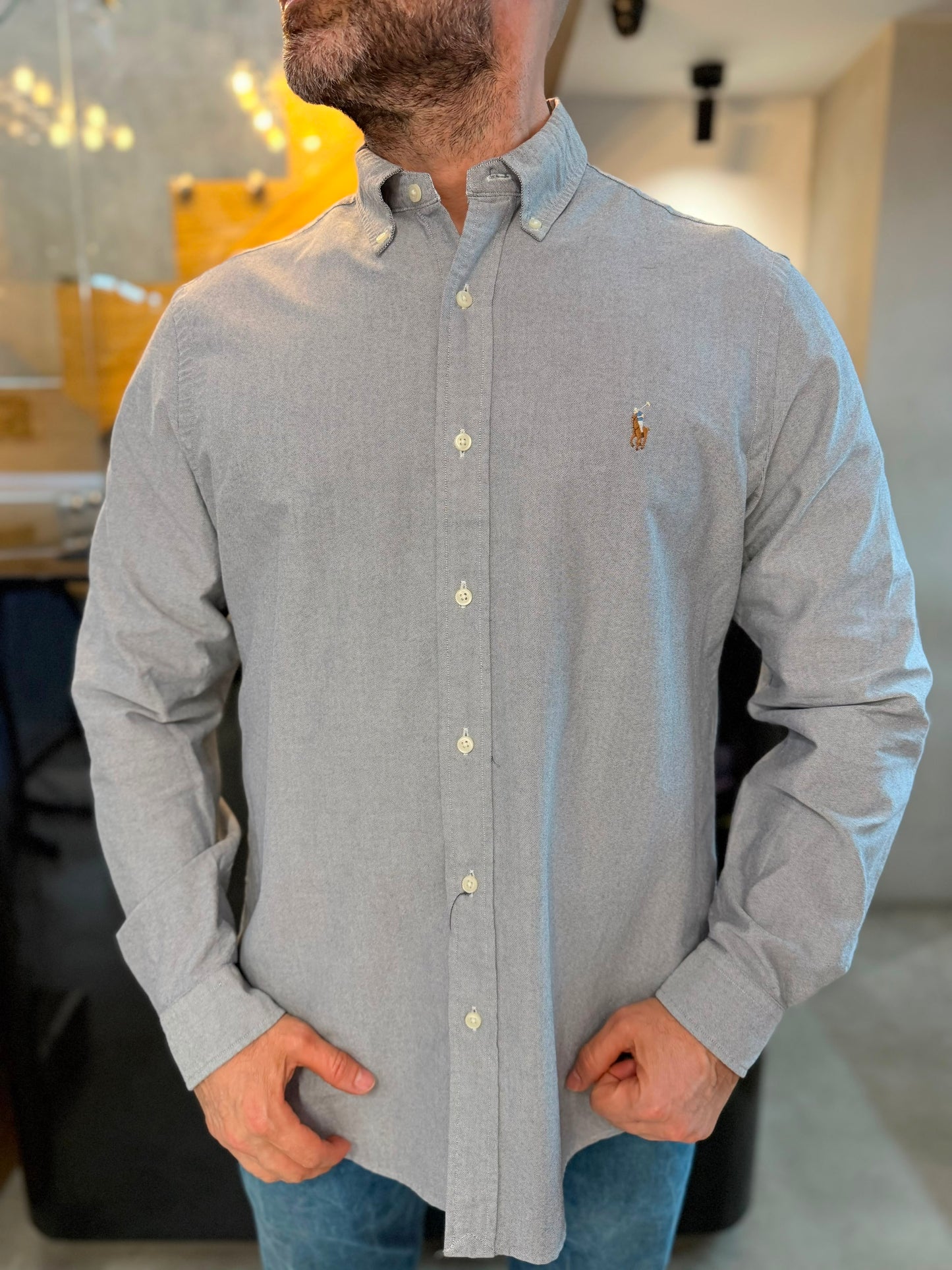 Camisa Polo R.L hombre Oxford Gris Caballo Multicolor