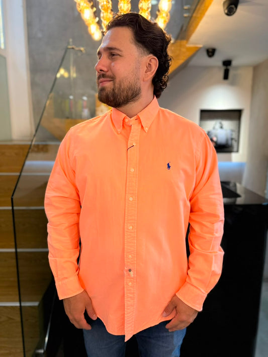 Camisa Polo R.L hombre Oxford  Naranja Neón Caballo Azul