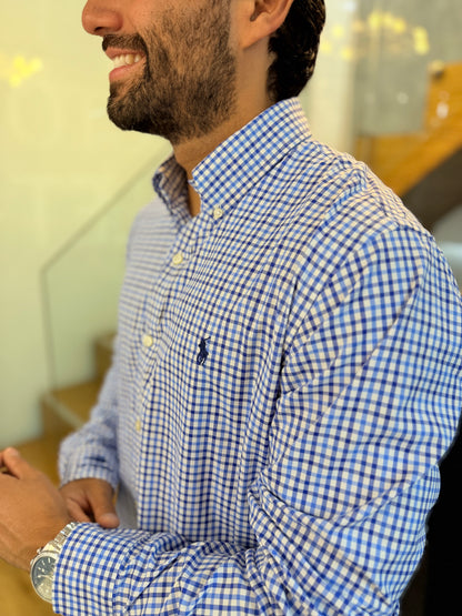 Camisa Polo R.L hombre Performance Cuadros Azules Con Blanco Caballo Azul
