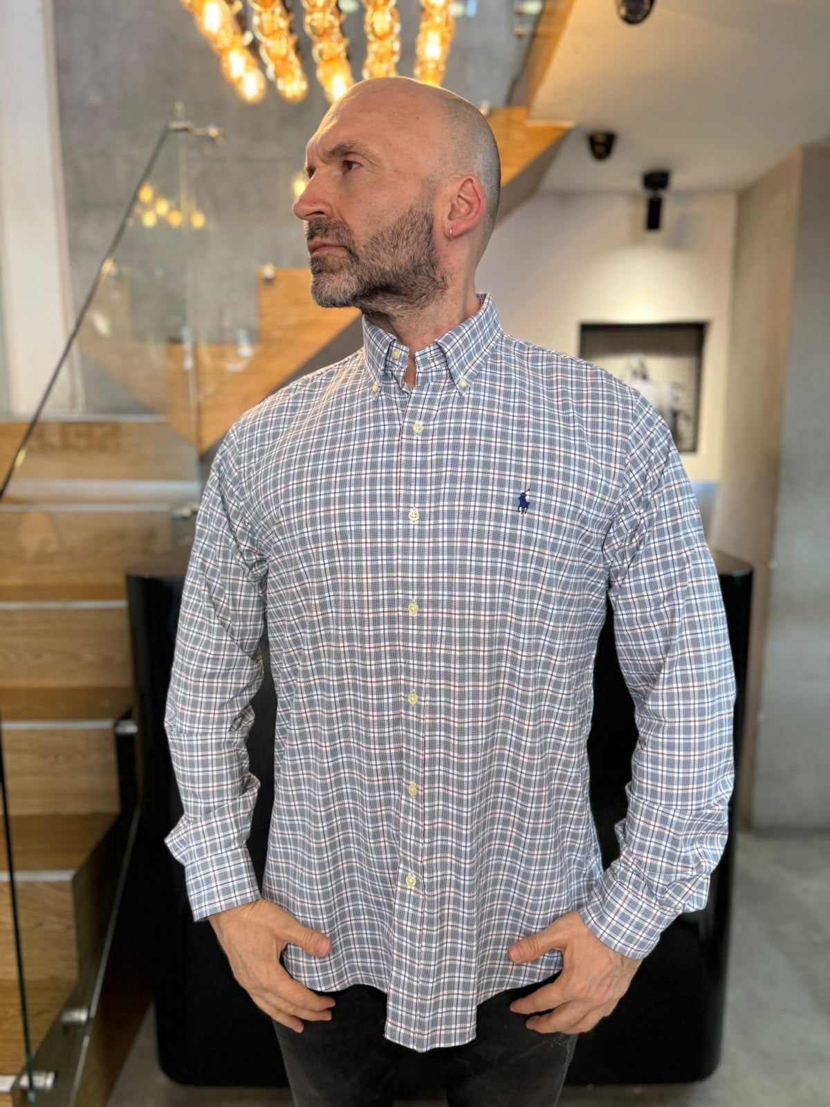 Camisa Polo R.L hombre Performance Cuadros Grises Con Blanco Caballo Azul