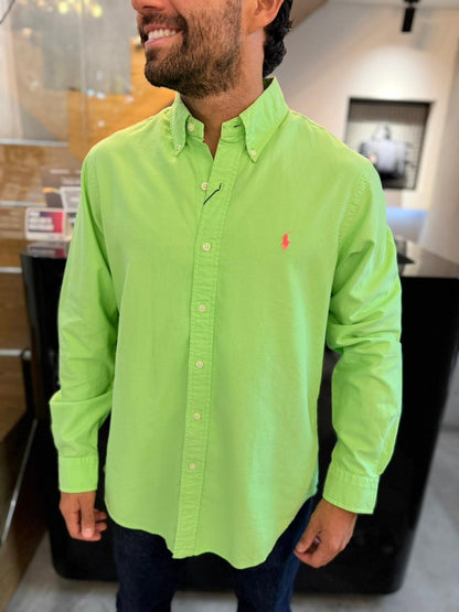 Camisa Polo R.L hombre Oxford Verde Neón Caballo Rosa Neón